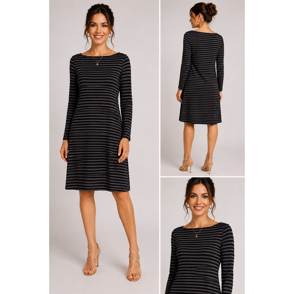 Yala Bamboo Viscose Striped Long Sleeve Boat Neck Dress Black Grey Womens Medium